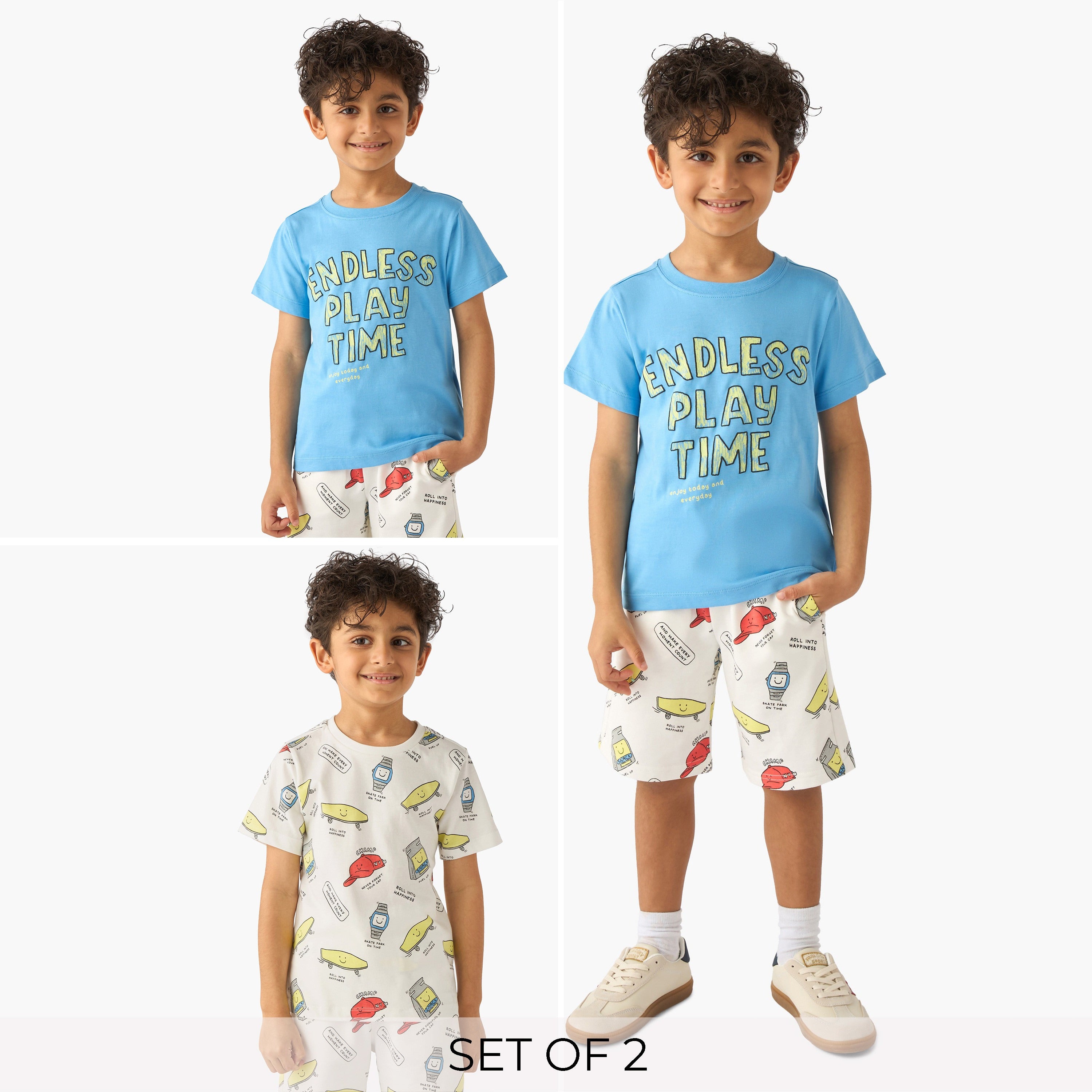 Set of 3 Juniors Crew Neck Short Sleeve T-shirt and Shorts Set with Print - Multicolour / 7-8 yrs