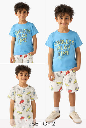 Set of 3 Juniors Crew Neck Short Sleeve T-shirt and Shorts Set with Print