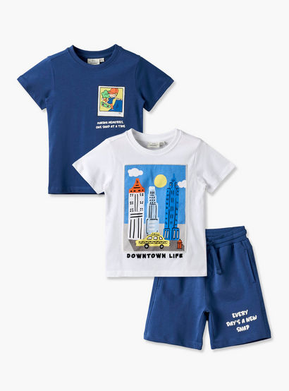 Set of 3 Juniors Crew Neck Short Sleeve T-shirt and Shorts Set with Graphic Print-boys-clothing-setsandcoords-image-1