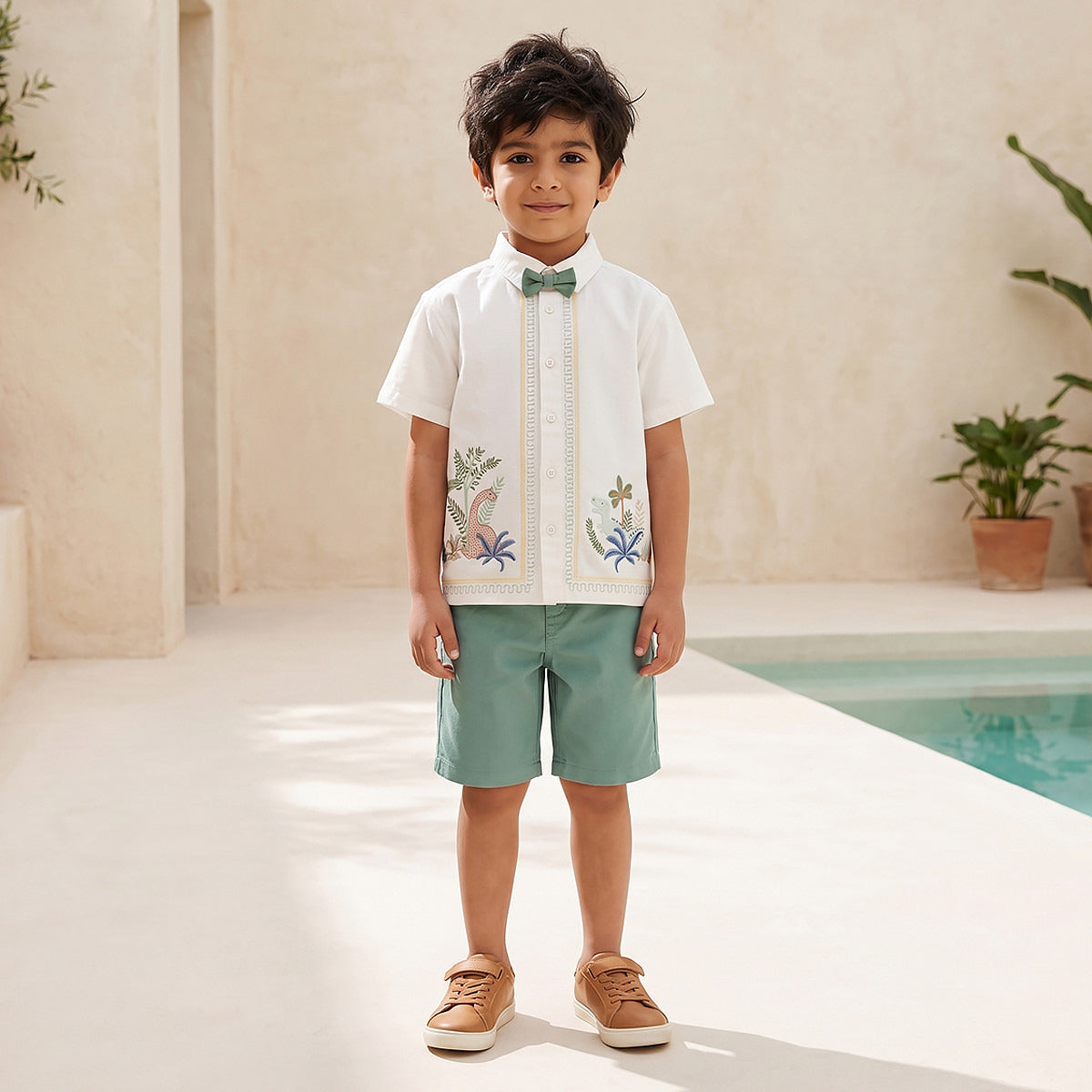 Juniors Collared Short Sleeves Shirt and Shorts Set with Embroidery