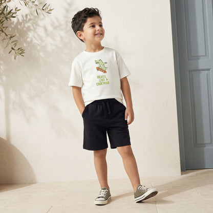 Juniors Crew Neck Short Sleeves T-shirt and Shorts Set with Crocodile Embroidery - White / 1-2 yrs