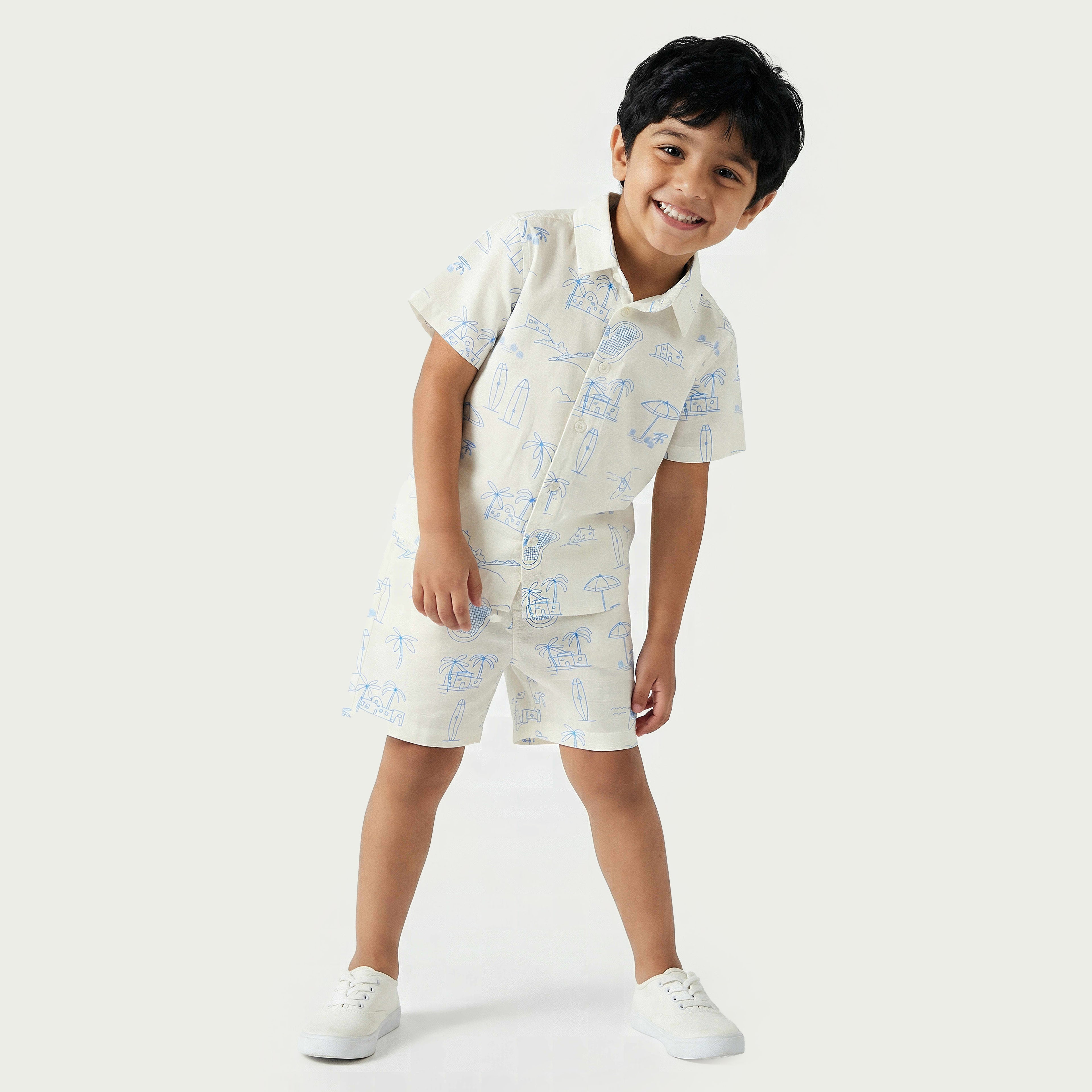 Juniors Collared Short Sleeves Shirt and Shorts Set with Print - Cream / 1-2 yrs