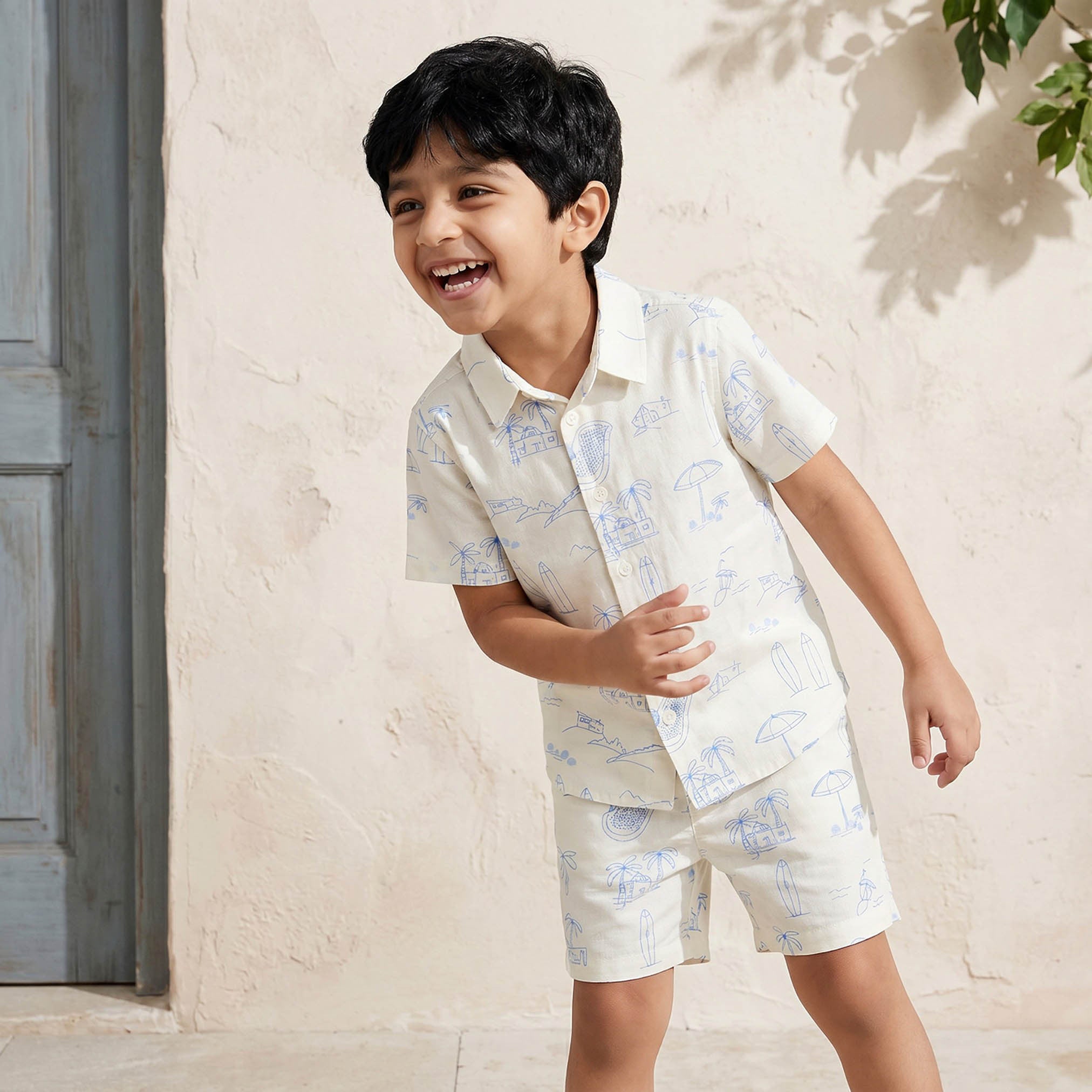 Juniors Collared Short Sleeves Shirt and Shorts Set with Print - Cream / 1-2 yrs