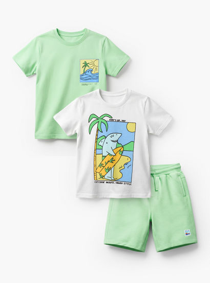 Set of 3 Juniors Crew Neck Short Sleeves T-shirt and Shorts Set with Graphic Print-boys-clothing-setsandcoords-image-1