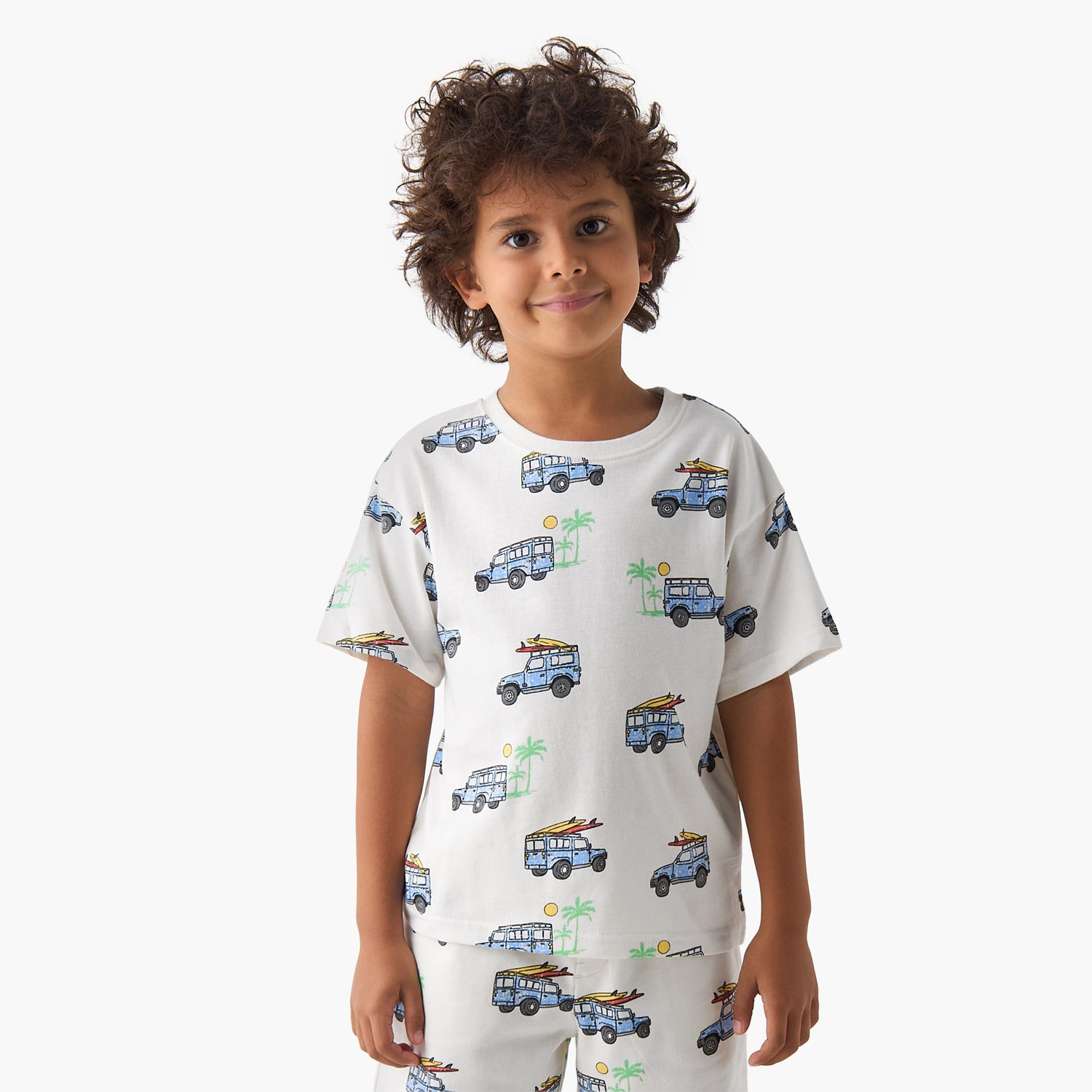 Set of 3 Juniors Crew Neck Short Sleeves T-shirt and Shorts Set with Vehicle Print
