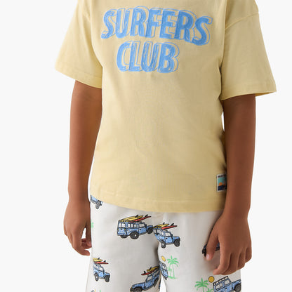 Set of 3 Juniors Crew Neck Short Sleeves T-shirt and Shorts Set with Vehicle Print