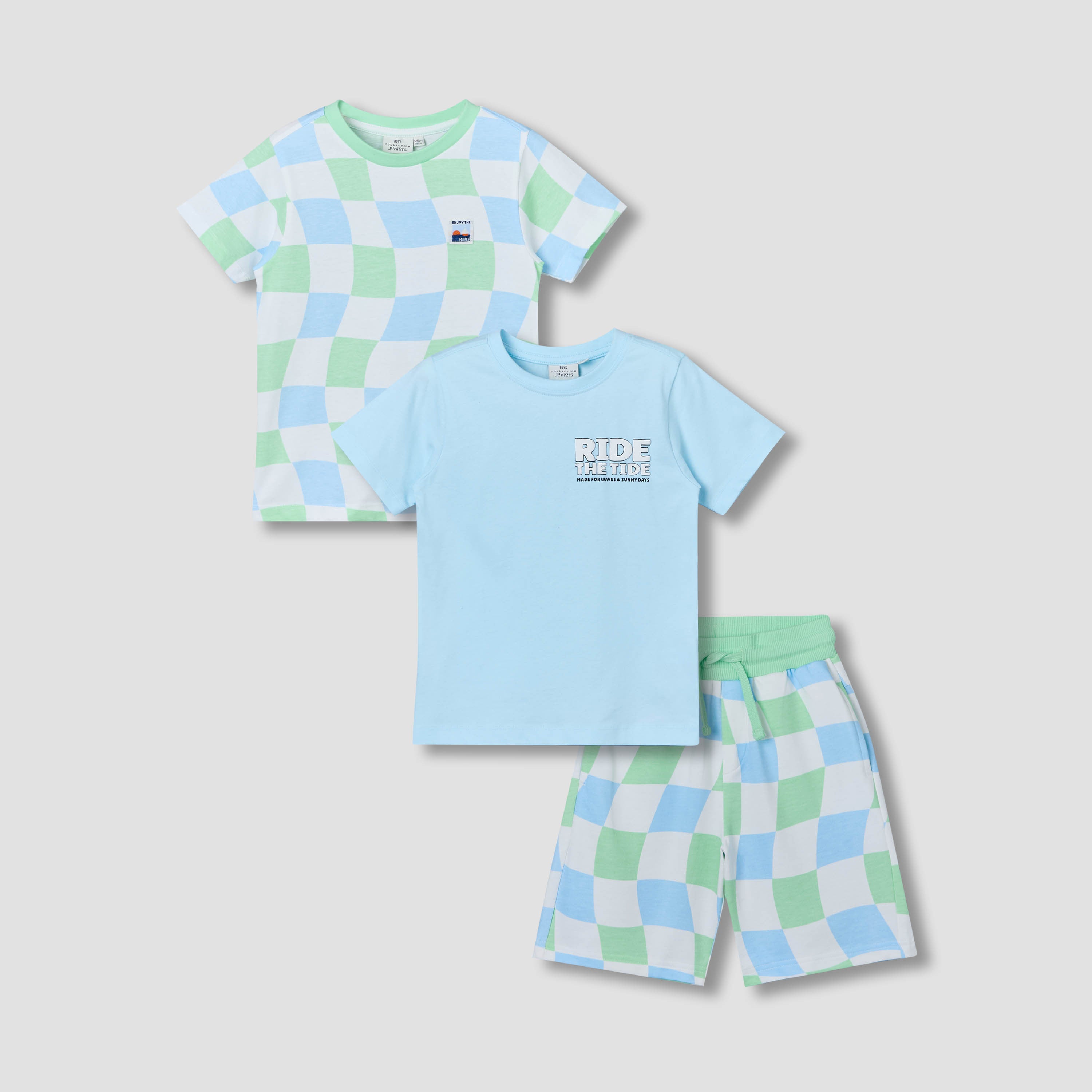 Set of 3 Juniors Crew Neck Short Sleeve T-shirt and Shorts Set with Assorted Print - Multicolour / 1-2 yrs