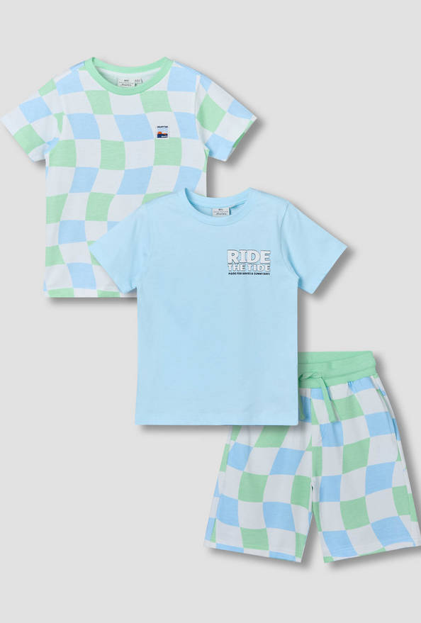 Set of 3 Juniors Crew Neck Short Sleeve T-shirt and Shorts Set with Assorted Print