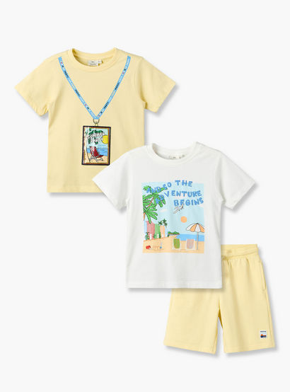 Set of 3 Juniors Crew Neck Short Sleeve T-shirt and Shorts Set with Beach Print-boys-clothing-setsandcoords-image-1