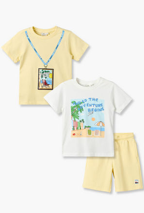 Set of 3 Juniors Crew Neck Short Sleeve T-shirt and Shorts Set with Beach Print