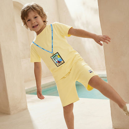 Set of 3 Juniors Crew Neck Short Sleeve T-shirt and Shorts Set with Beach Print