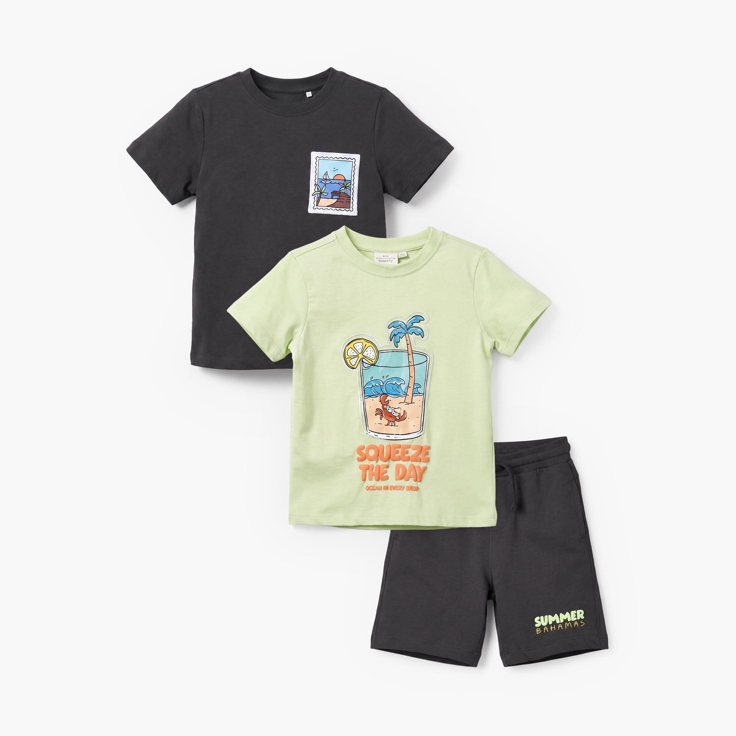 Set of 3 Juniors Crew Neck Short Sleeves T-shirt and Shorts Set with Print - Grey / 6-7 yrs