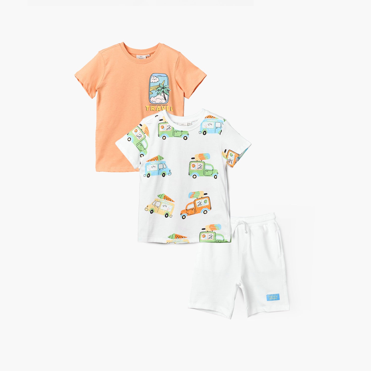 Set of 3 Juniors Crew Neck Short Sleeves T-shirt and Shorts Set with Travel Print - White / 1-2 yrs