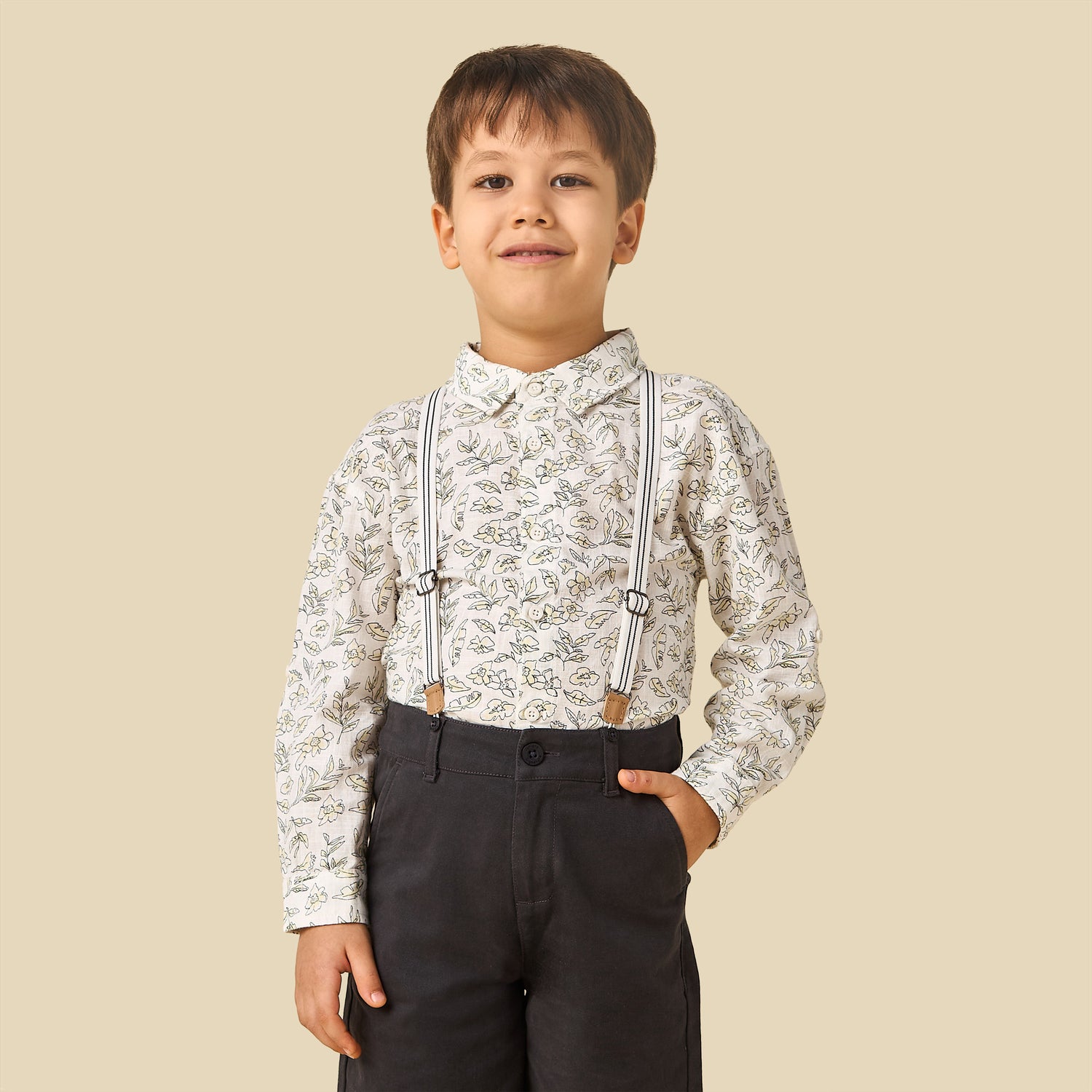 Juniors Collared Long Sleeves Shirt and Shorts Set with Suspender Detail