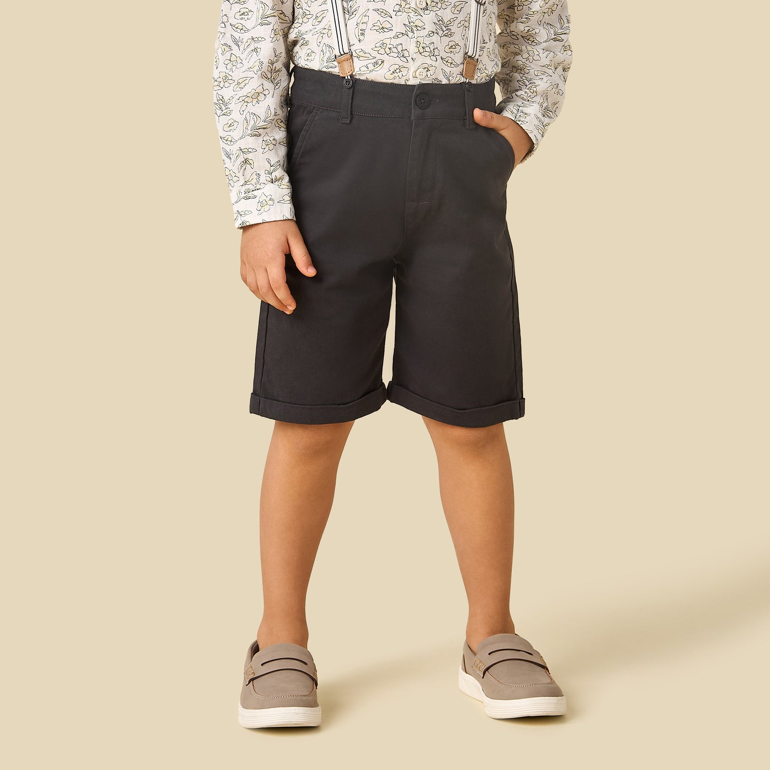 Juniors Collared Long Sleeves Shirt and Shorts Set with Suspender Detail