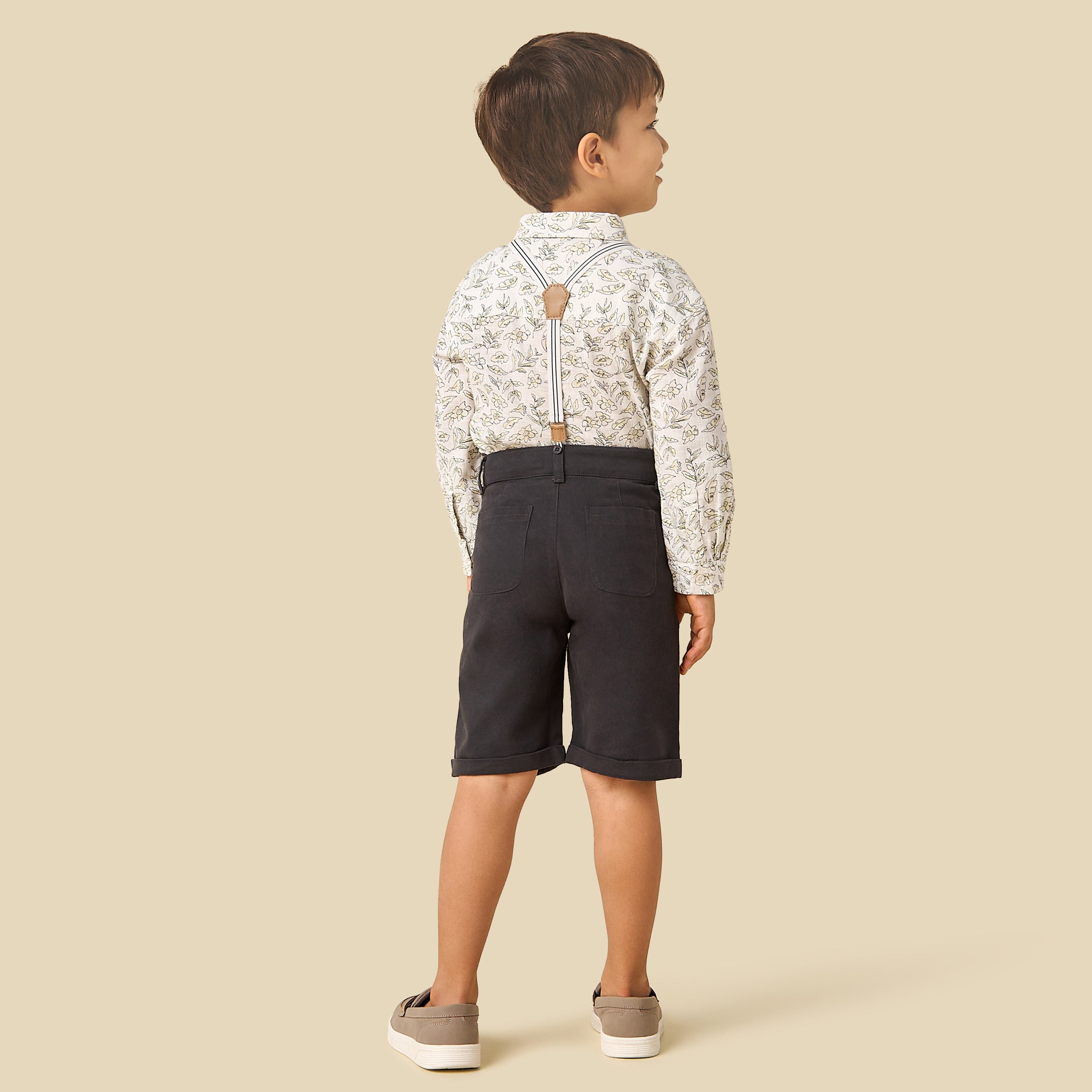 Juniors Collared Long Sleeves Shirt and Shorts Set with Suspender Detail
