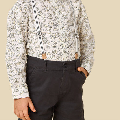 Juniors Collared Long Sleeves Shirt and Shorts Set with Suspender Detail