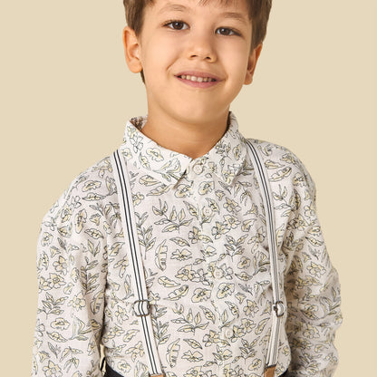 Juniors Collared Long Sleeves Shirt and Shorts Set with Suspender Detail