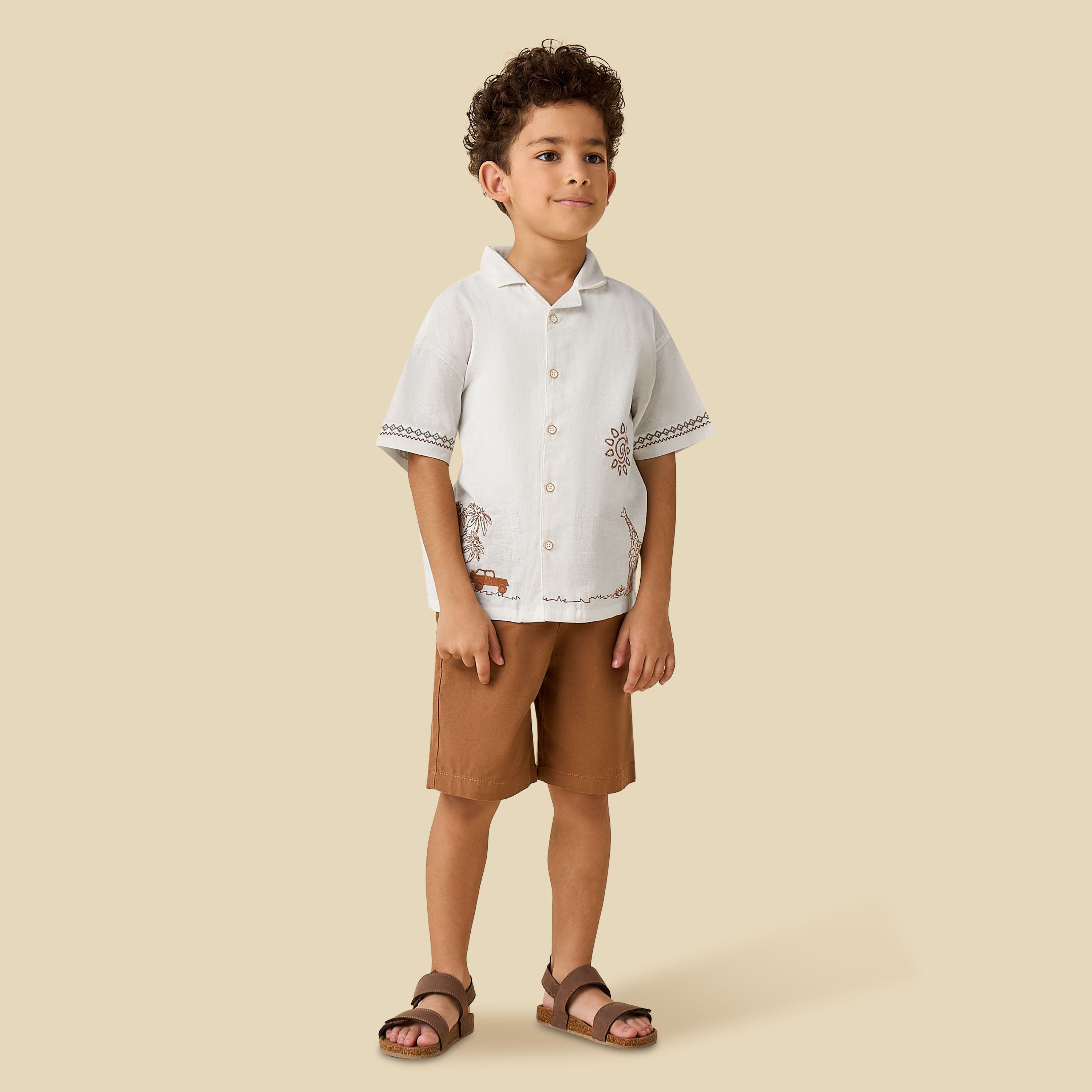 Juniors Collared Short Sleeve Shirt and Shorts Set with Embroidery