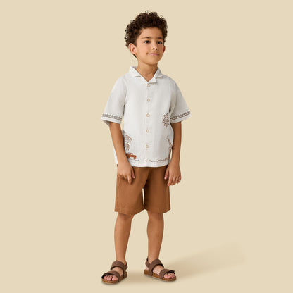 Juniors Collared Short Sleeve Shirt and Shorts Set with Embroidery - Multicolour / 1-2 yrs