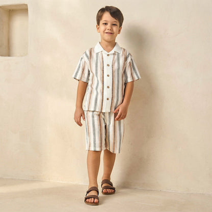 Juniors Collared Short Sleeves Shirt and Shorts Set with Stripes
