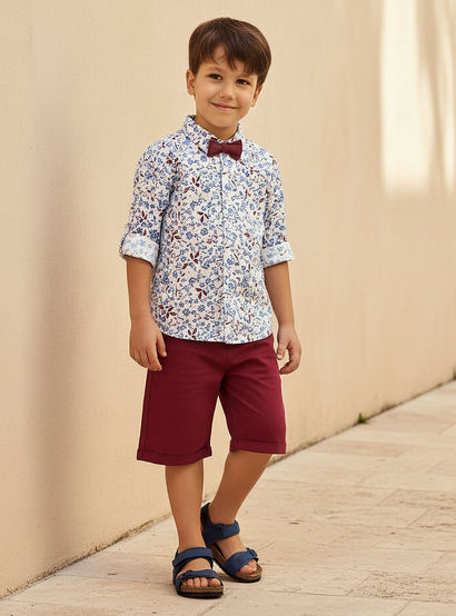 Juniors Collared Long Sleeves Shirt and Shorts Set with Floral Print-boys-clothing-setsandcoords-image-1
