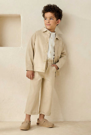 Juniors Collared Neck Long Sleeve Shacket and Pants Set with Pocket
