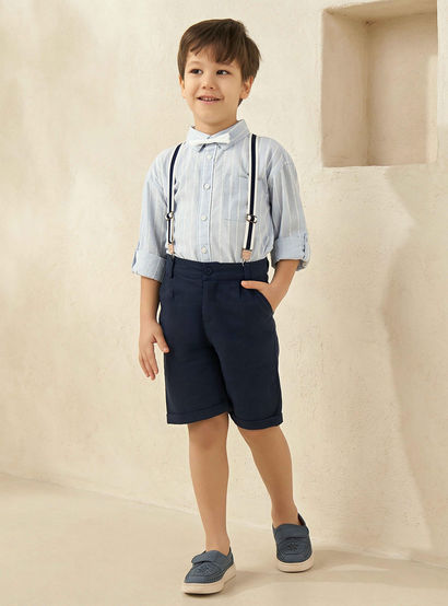 Juniors Collared Long Sleeves Suspender Shirt and Shorts Set with Stripe Embroidery-boys-clothing-setsandcoords-image-1
