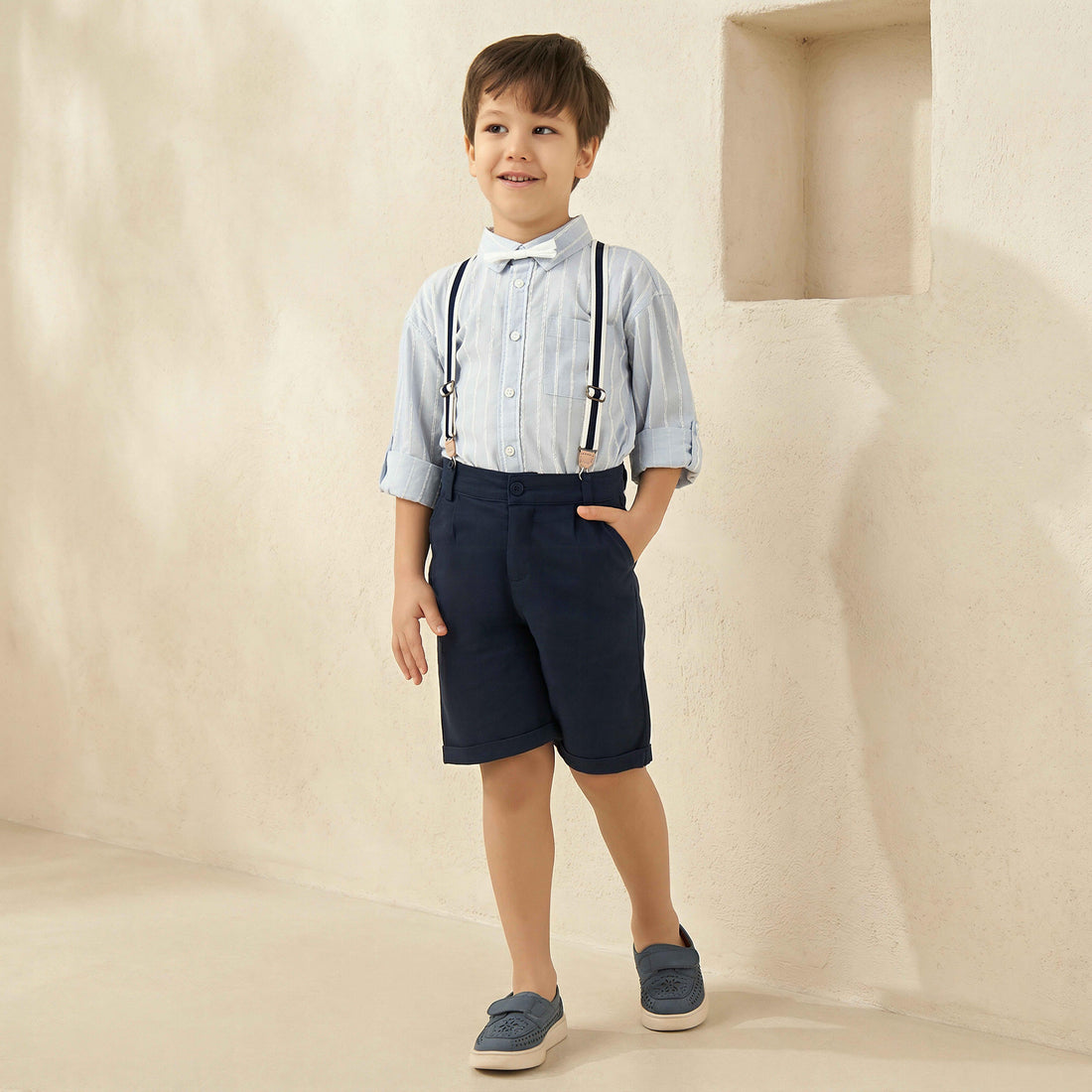 Juniors Collared Long Sleeves Suspender Shirt and Shorts Set with Stripe Embroidery - Multicolour / 5-6 yrs
