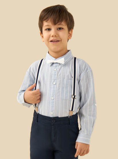 Juniors Collared Long Sleeves Suspender Shirt and Shorts Set with Stripe Embroidery-boys-clothing-setsandcoords-image-2