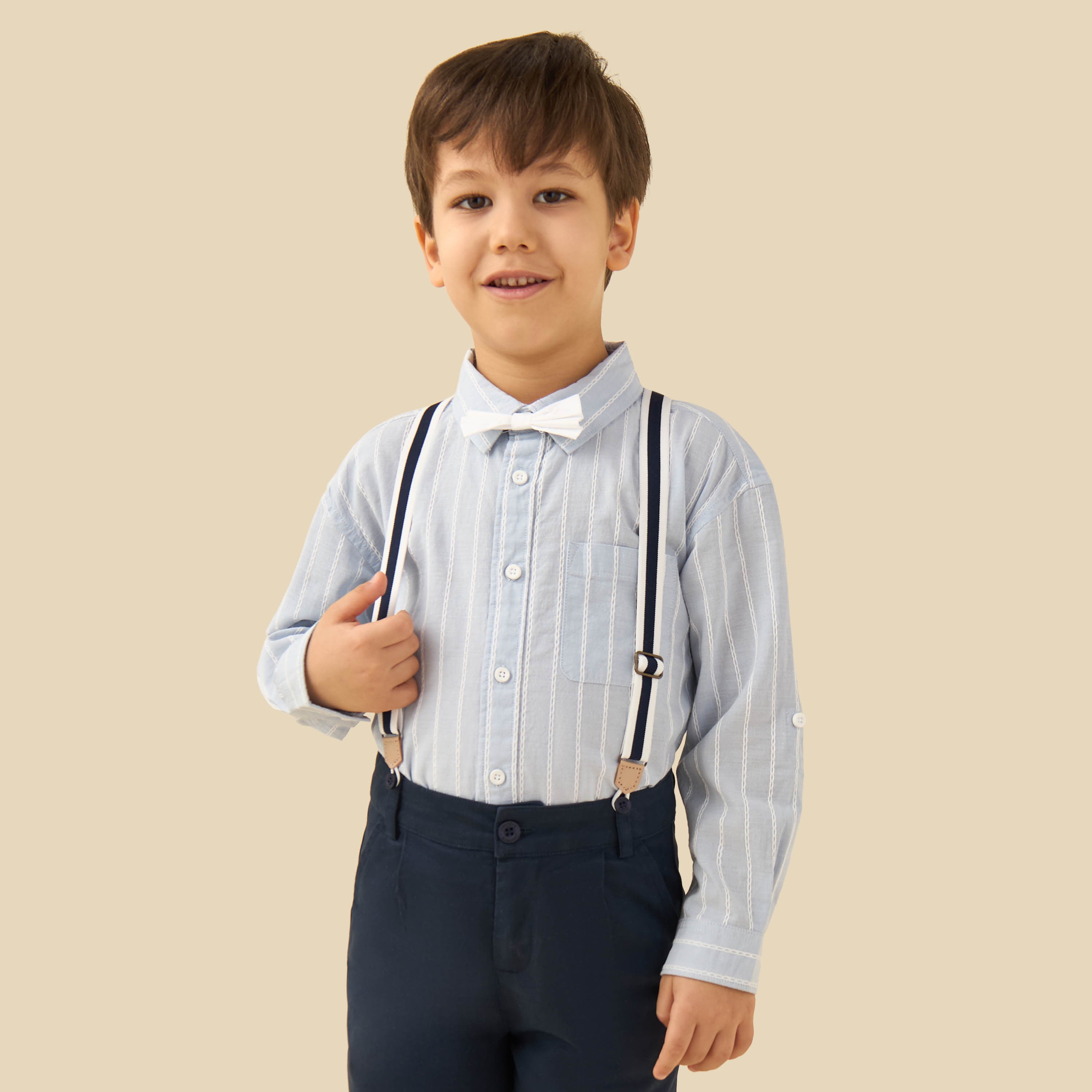 Juniors Collared Long Sleeves Suspender Shirt and Shorts Set with Stripe Embroidery