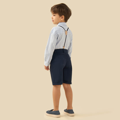 Juniors Collared Long Sleeves Suspender Shirt and Shorts Set with Stripe Embroidery