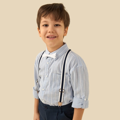Juniors Collared Long Sleeves Suspender Shirt and Shorts Set with Stripe Embroidery