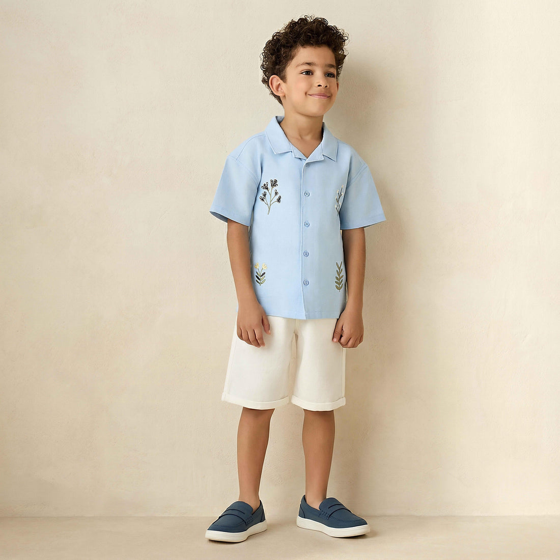 Juniors Camp Collar Short Sleeve Shirt and Shorts Set with Embroidery - Multicolour / 1-2 yrs
