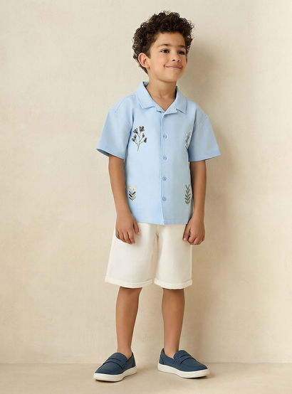 Juniors Camp Collar Short Sleeve Shirt and Shorts Set with Embroidery-boys-clothing-setsandcoords-image-1