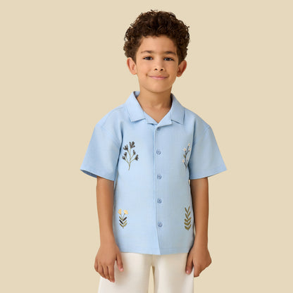 Juniors Camp Collar Short Sleeve Shirt and Shorts Set with Embroidery