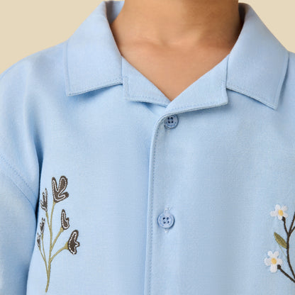 Juniors Camp Collar Short Sleeve Shirt and Shorts Set with Embroidery