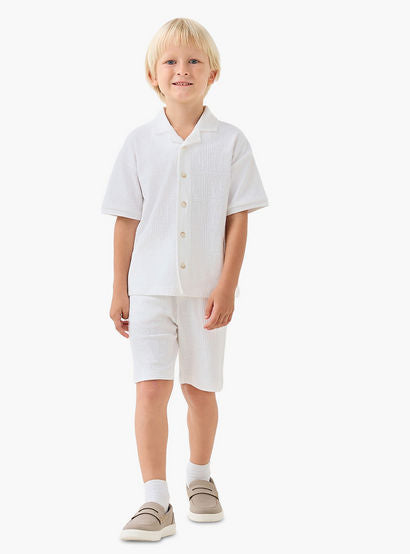 Juniors Boys Shirt and Shorts Set with Textured Design - Cotton - Short Sleeves - Collar-boys-clothing-setsandcoords-image-1