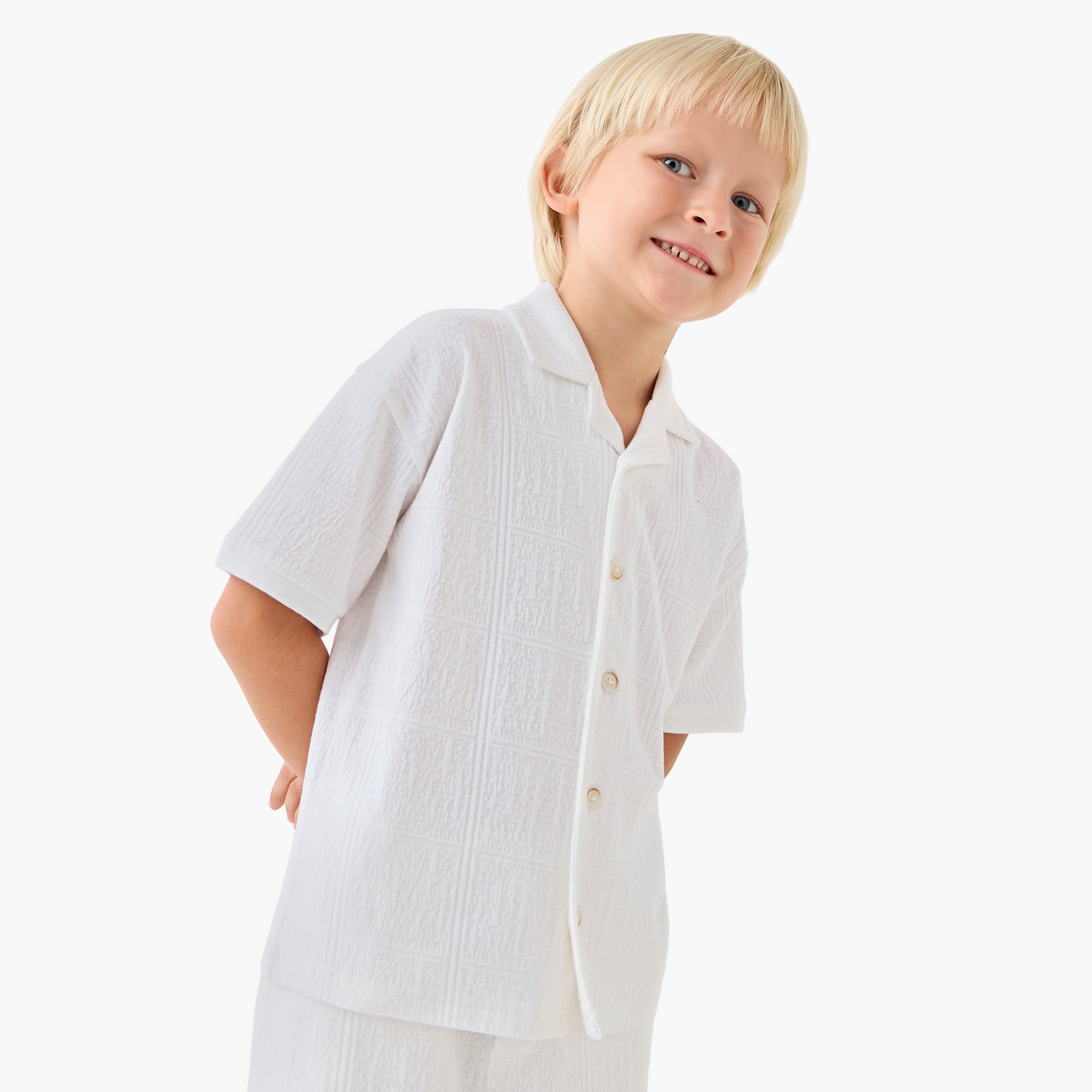 Juniors Boys Shirt and Shorts Set with Textured Design - Cotton - Short Sleeves - Collar