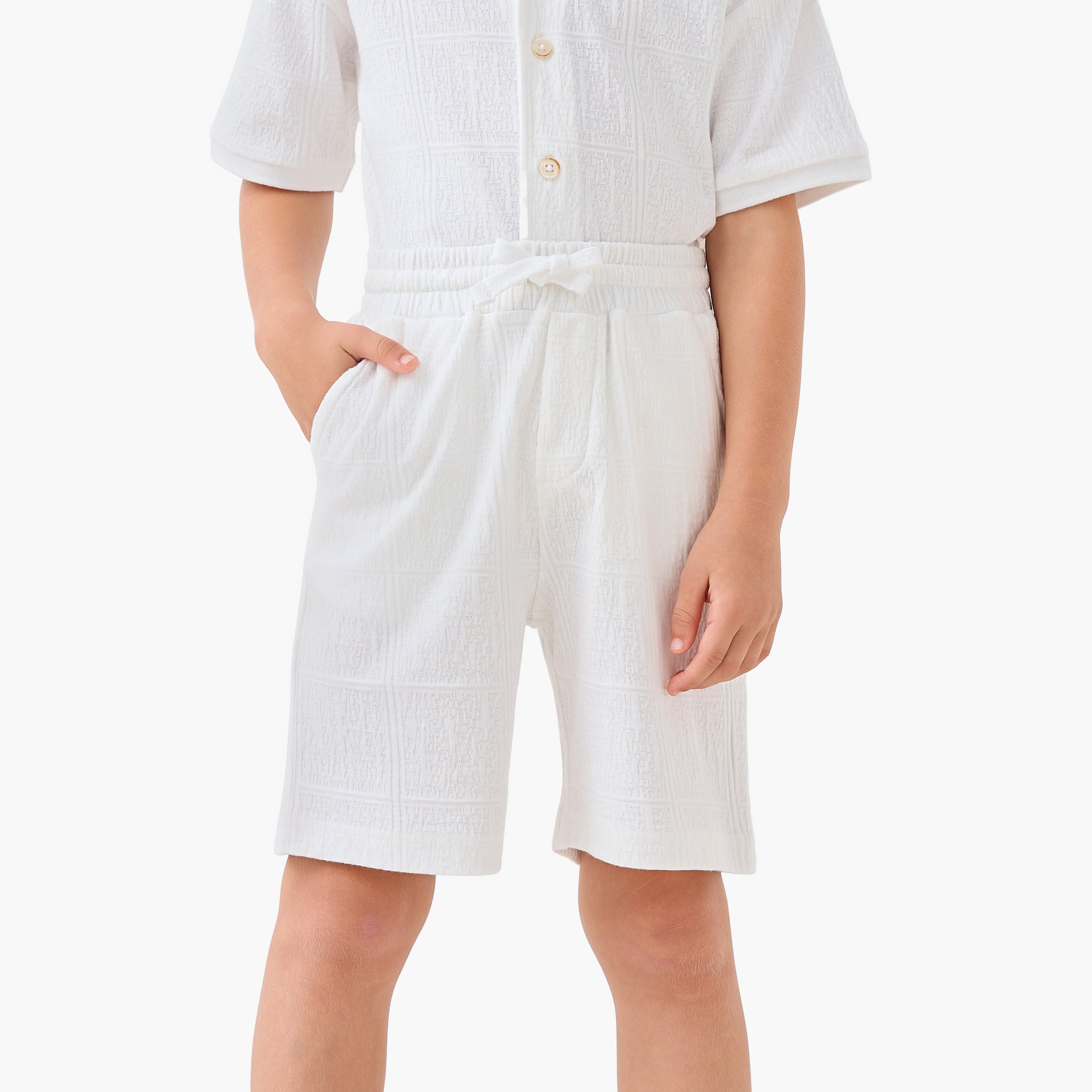 Juniors Boys Shirt and Shorts Set with Textured Design - Cotton - Short Sleeves - Collar