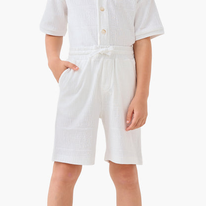 Juniors Boys Shirt and Shorts Set with Textured Design - Cotton - Short Sleeves - Collar
