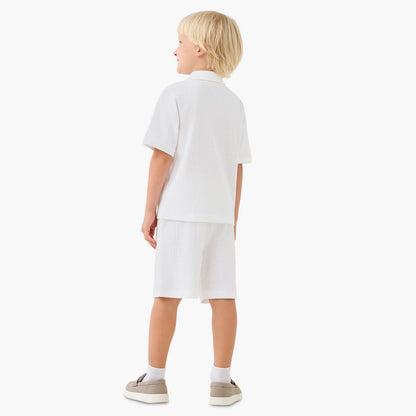 Juniors Boys Shirt and Shorts Set with Textured Design - Cotton - Short Sleeves - Collar