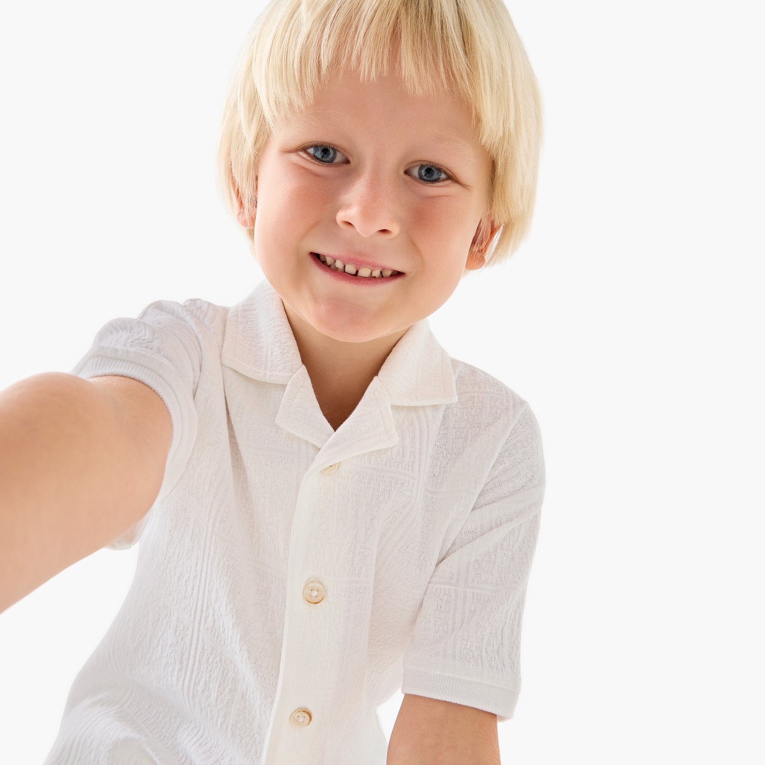 Juniors Boys Shirt and Shorts Set with Textured Design - Cotton - Short Sleeves - Collar