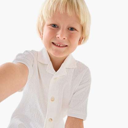 Juniors Boys Shirt and Shorts Set with Textured Design - Cotton - Short Sleeves - Collar