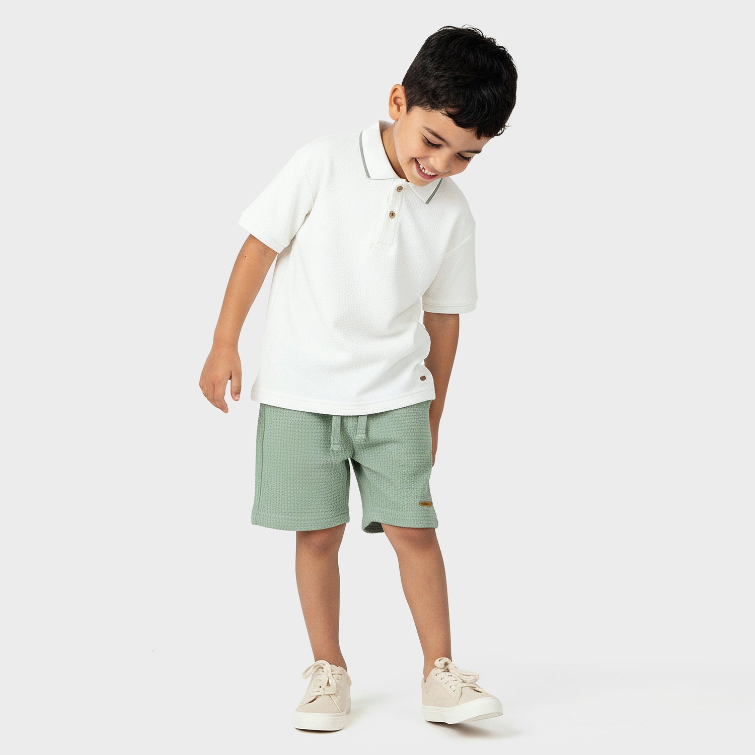 Eligo Collared Short Sleeves Polo T-shirt and Shorts Set with Waffle Textured Design - Cream / 1-2 yrs