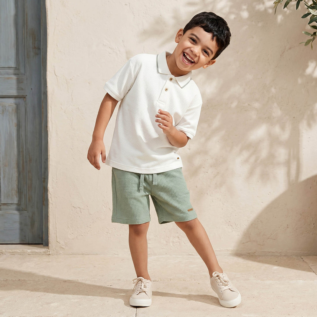 Eligo Collared Short Sleeves Polo T-shirt and Shorts Set with Waffle Textured Design - Cream / 5-6 yrs
