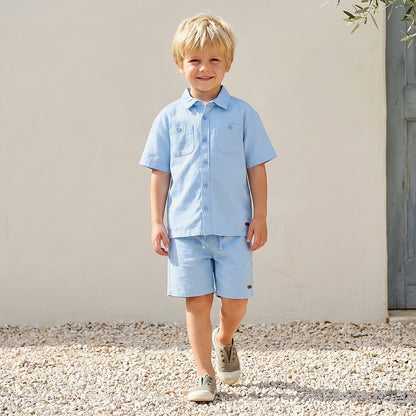 Eligo Collared Short Sleeves Shirt and Shorts Set with Pockets - Blue / 1-2 yrs