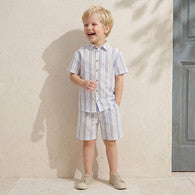 Collared Short Sleeves Shirt and Shorts Set with Stripes-undefined-image-1