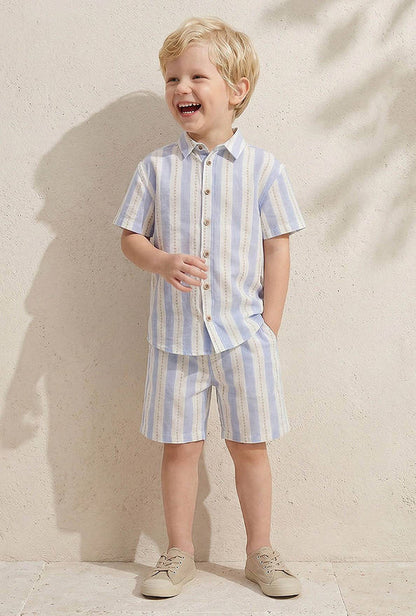 Collared Short Sleeves Shirt and Shorts Set with Stripes
