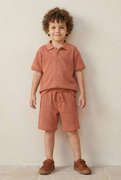 Eligo Collared Short Sleeve Shirt and Shorts Set with Drawstring Closure